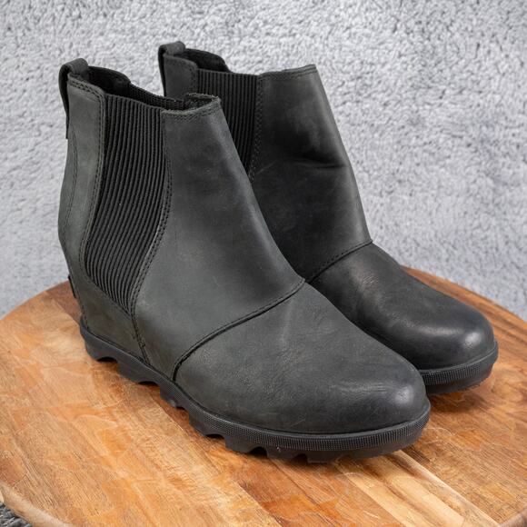 Sorel Joan of Arctic II Boots Women's 9 Black Leather Chelsea Hidden Wedge Shoes - Picture 1 of 8
